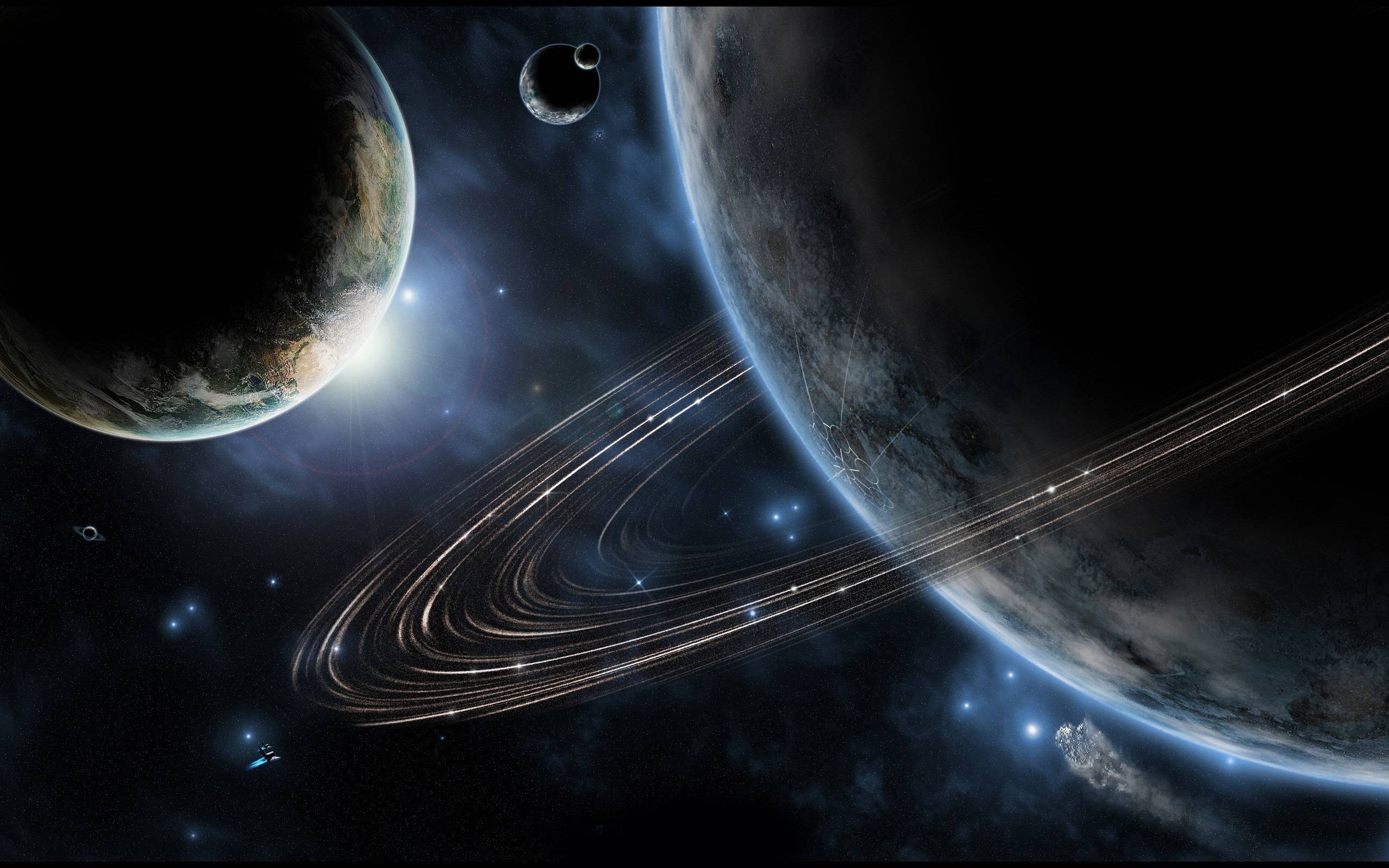 A breathtaking view of planets, rings, stars, and spaceships in a vast, dark universe