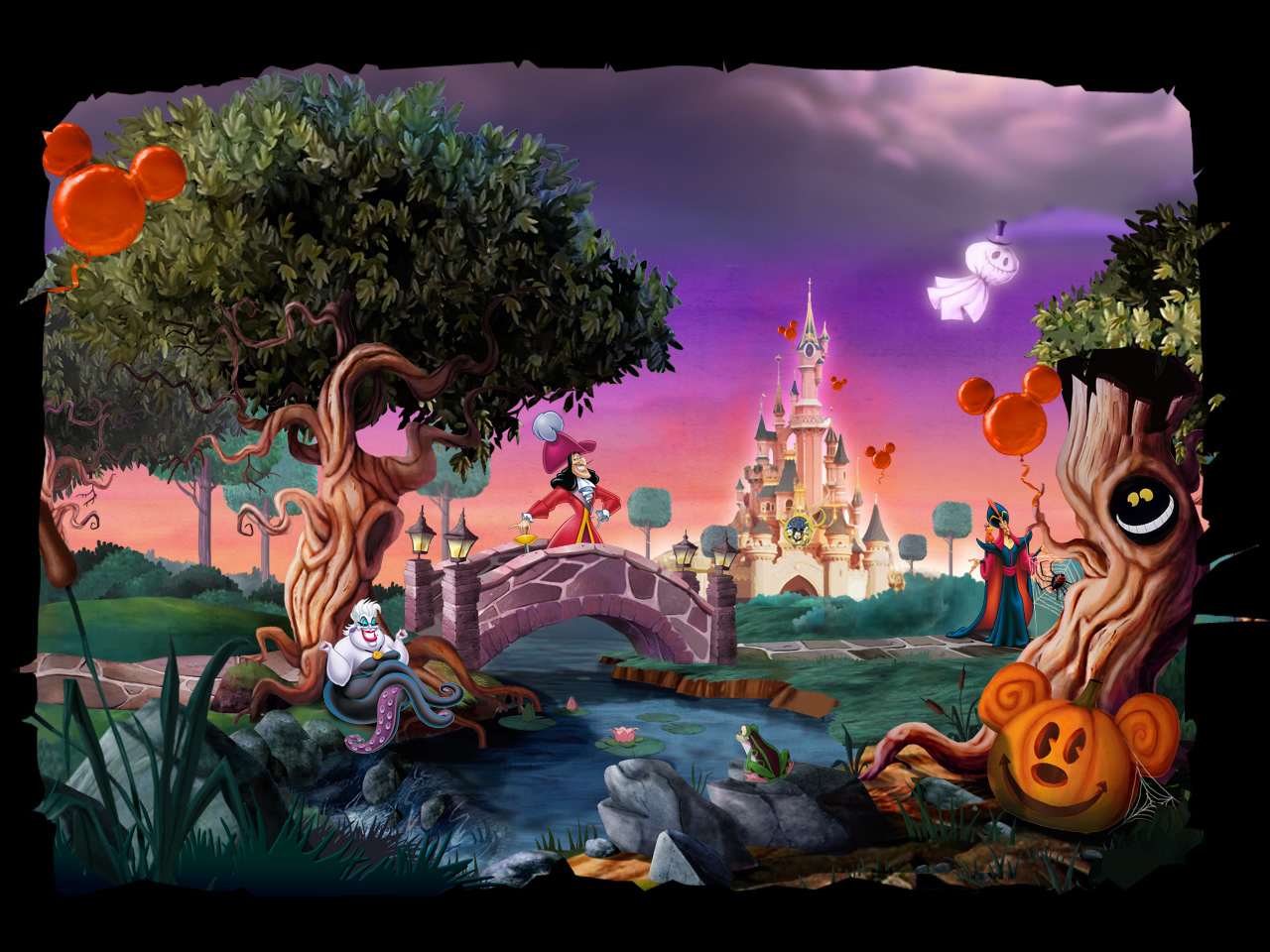 Disney Halloween wallpaper featuring spooky trees, Ursula, Captain Hook, Maleficent, and Mickey Mouse pumpkins in front of a haunted castle