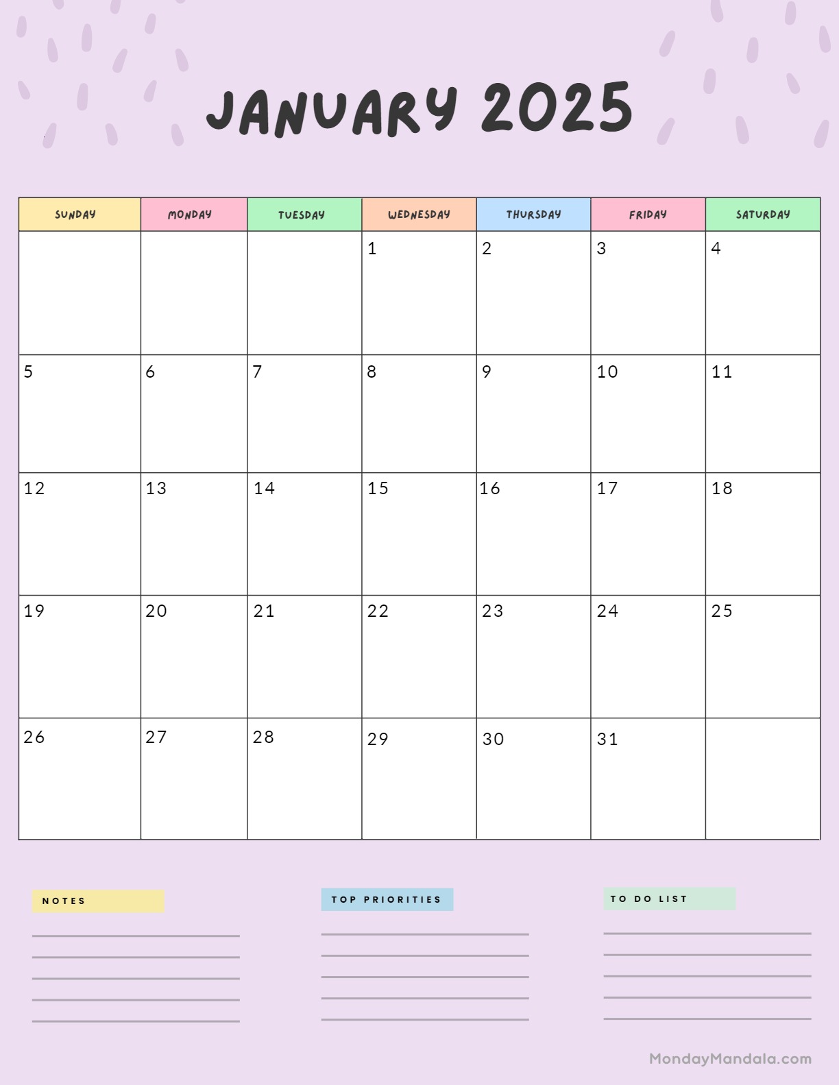 January 2025 calendar with notes, priorities, and to-do sections for organization and planning