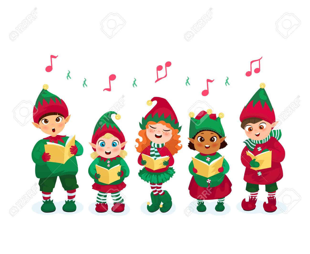 Kids In Elfes Costumes Going Christmas Caroling Flat Vector
