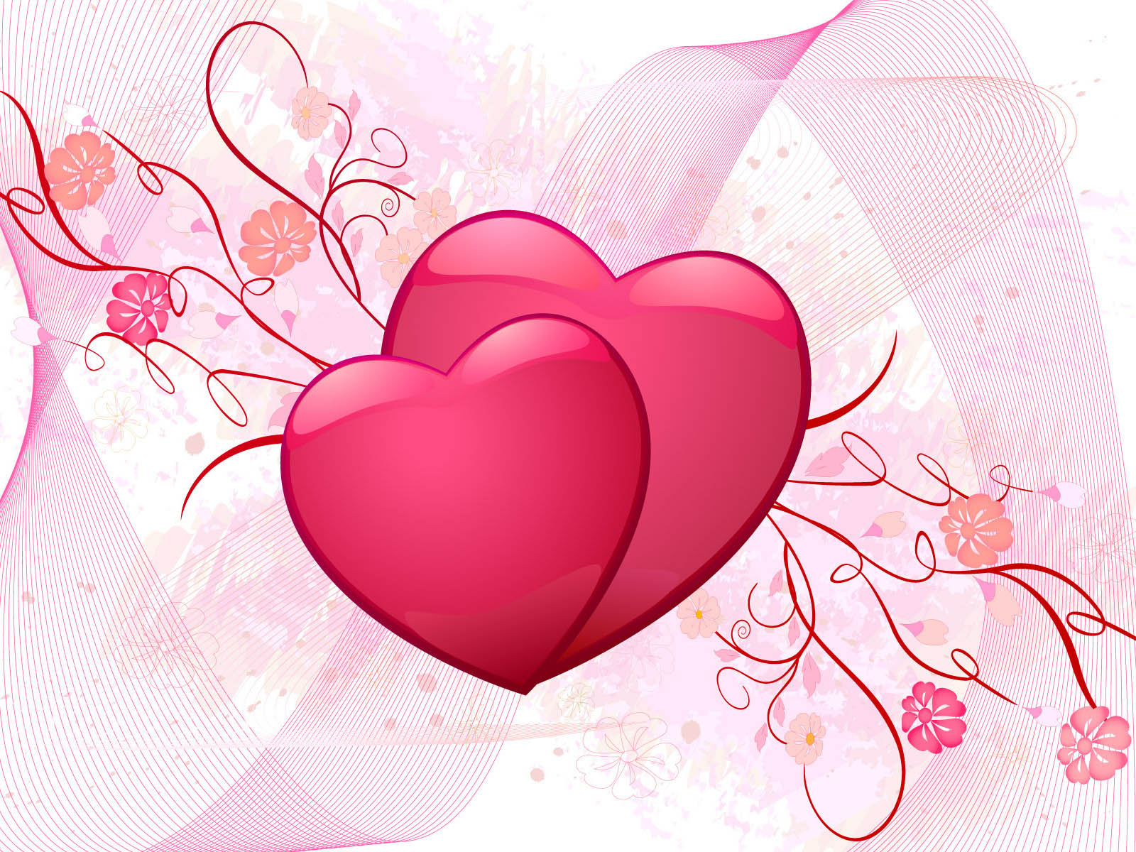 Two glossy pink hearts intertwined on a delicate floral background, ideal for Valentine's Day or romantic settings