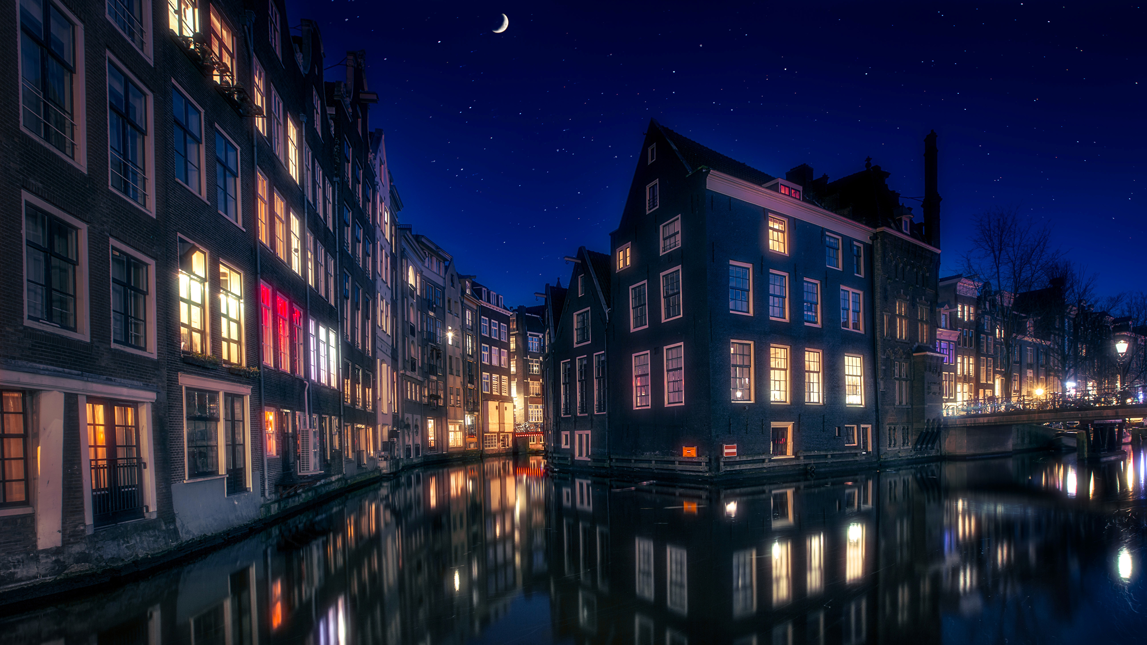 Wallpaper Amsterdam Herlands Canal Night Time Cities