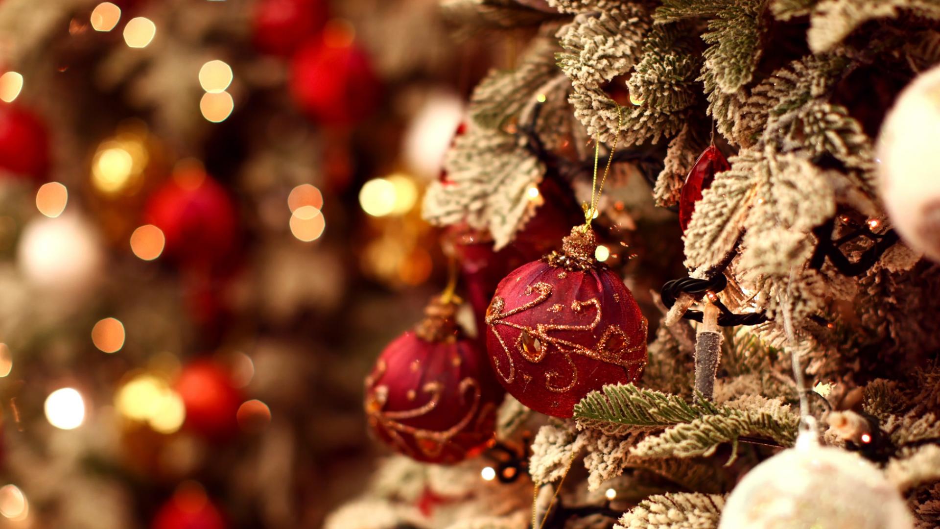 Close-up of a decorated Christmas tree with red and gold ornaments and bokeh lights