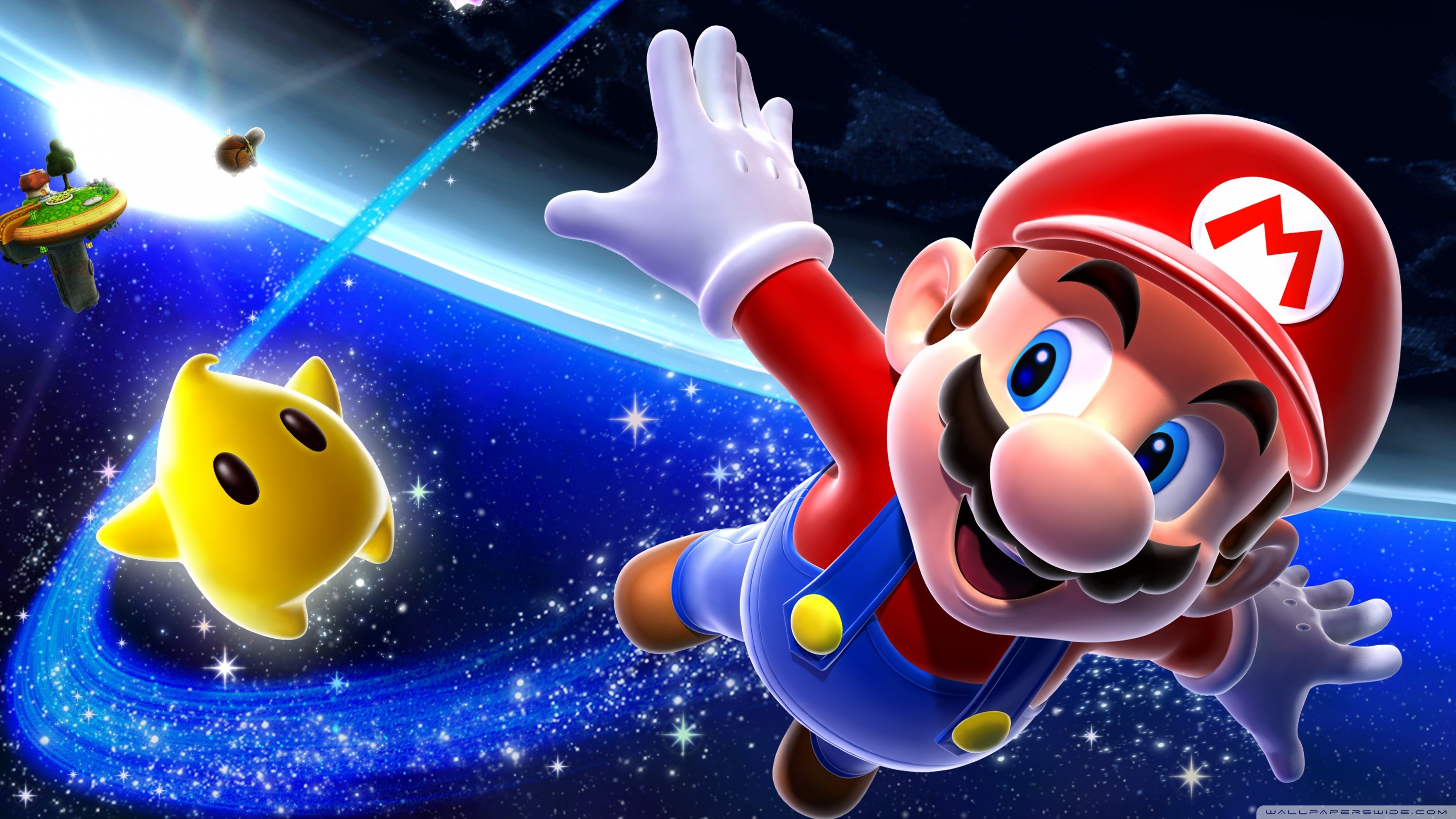 Super Mario soaring through space with a Luma, backdrop of planets and stars. Super Mario Galaxy game promotional image
