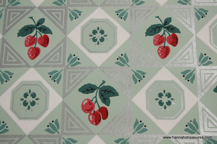 S Vintage Wallpaper Cherry And Strawberry On Mint Green With Sil