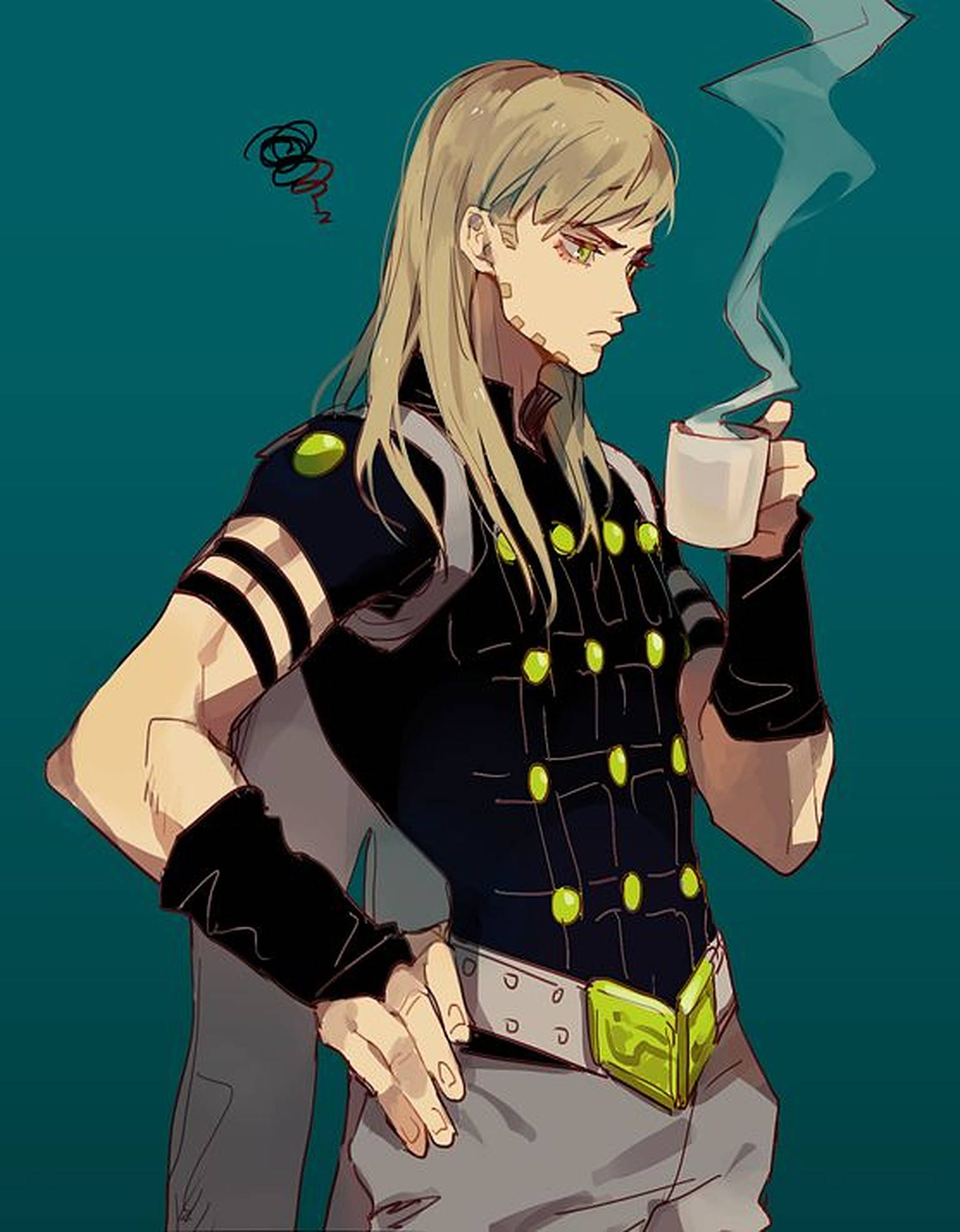 Fan art of Gyro Zeppeli from JoJo's Bizarre Adventure, enjoying a cup of hot beverage