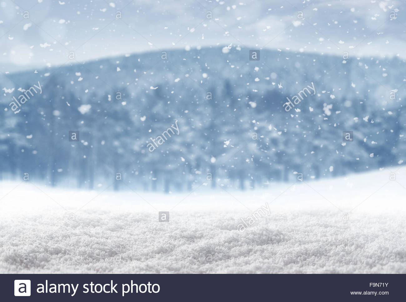 Winter Background Falling Snow Over Landscape With Copy