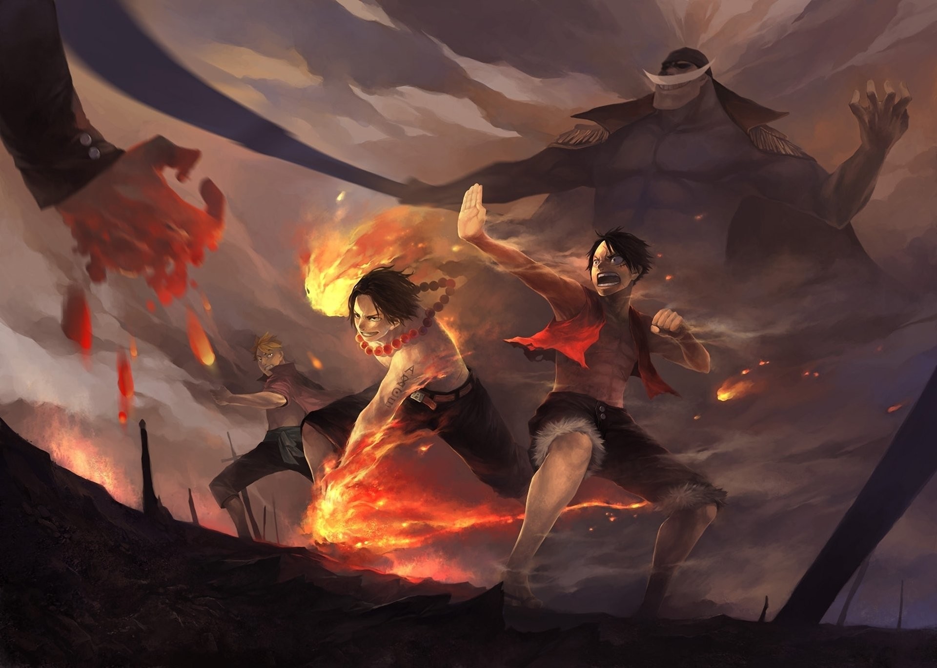 Dynamic One Piece 4k wallpaper featuring Ace, Luffy, and Sabo battling a formidable foe amidst fiery chaos