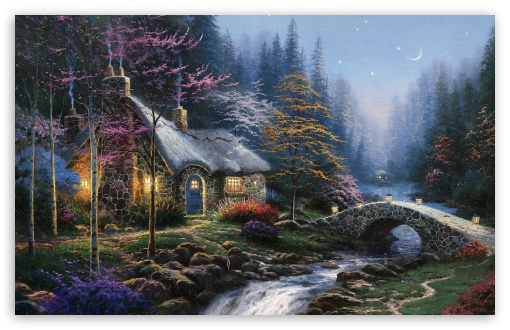 Forest Cottage Spring Painting HD Wallpaper For Standard