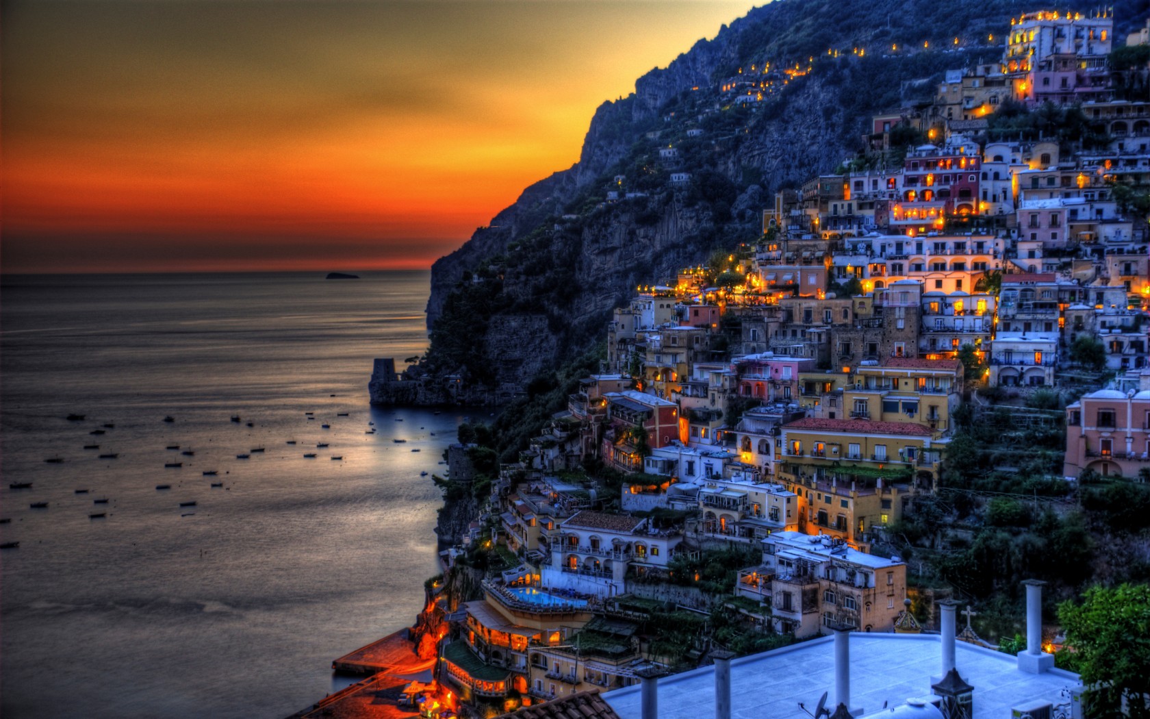 HDr Coast Ocean Light Night House Town Italy Man Made Positano Wallpaper