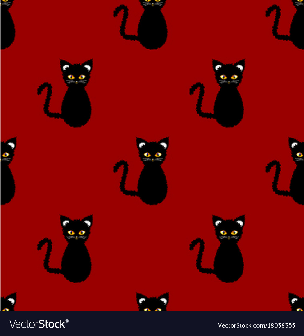 Black Cat Seamless On Red Background Royalty Vector
