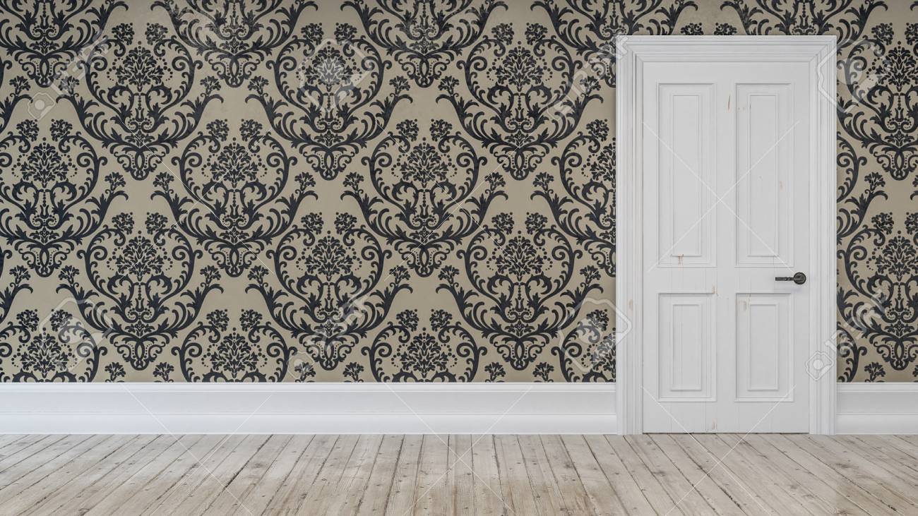 Clean Plain White Door Attached To Wall With Patterned Wallpaper
