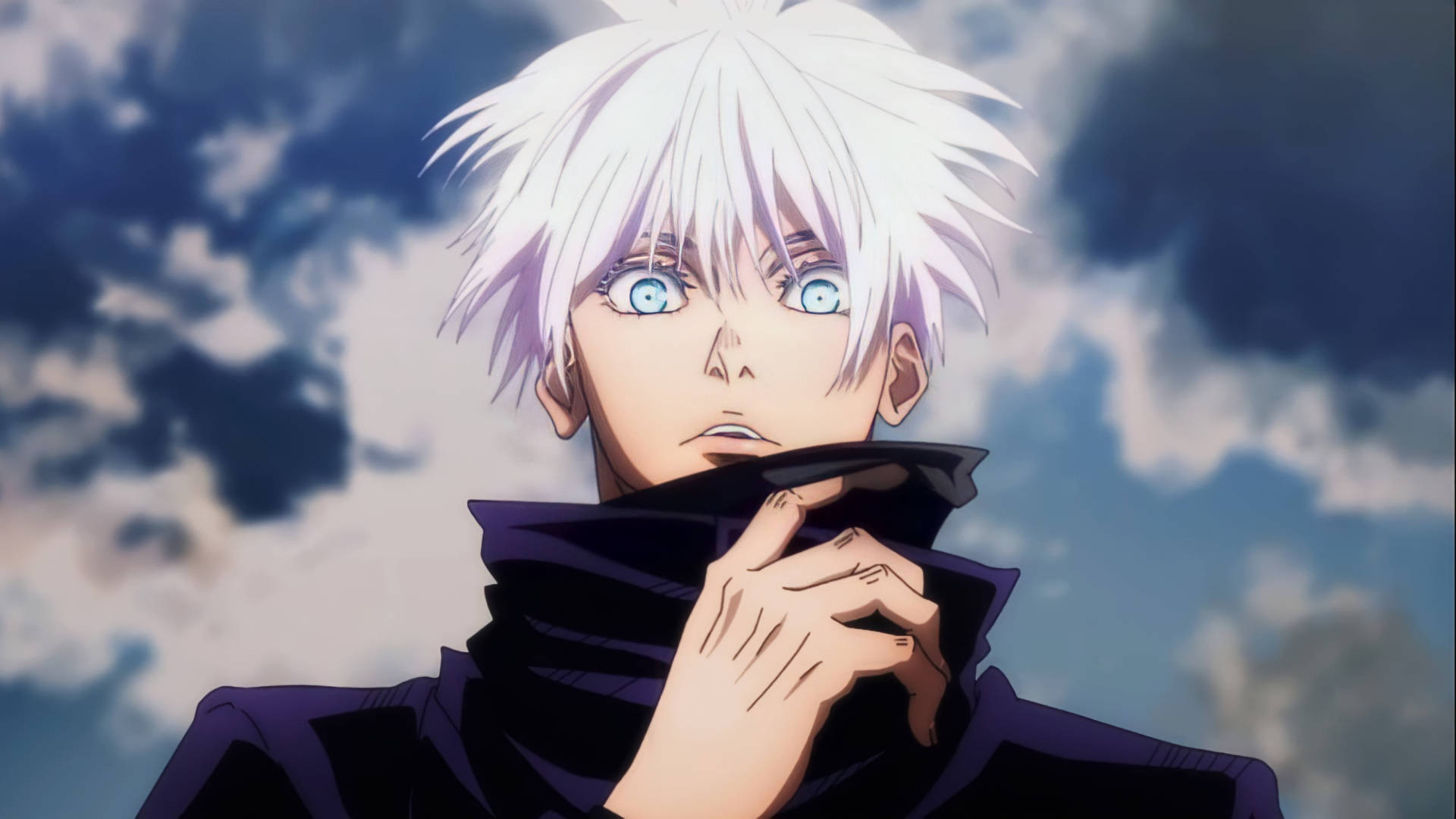 Gojo Satoru from Jujutsu Kaisen with his hand on his collar, looking towards the sky with his iconic bright blue eyes