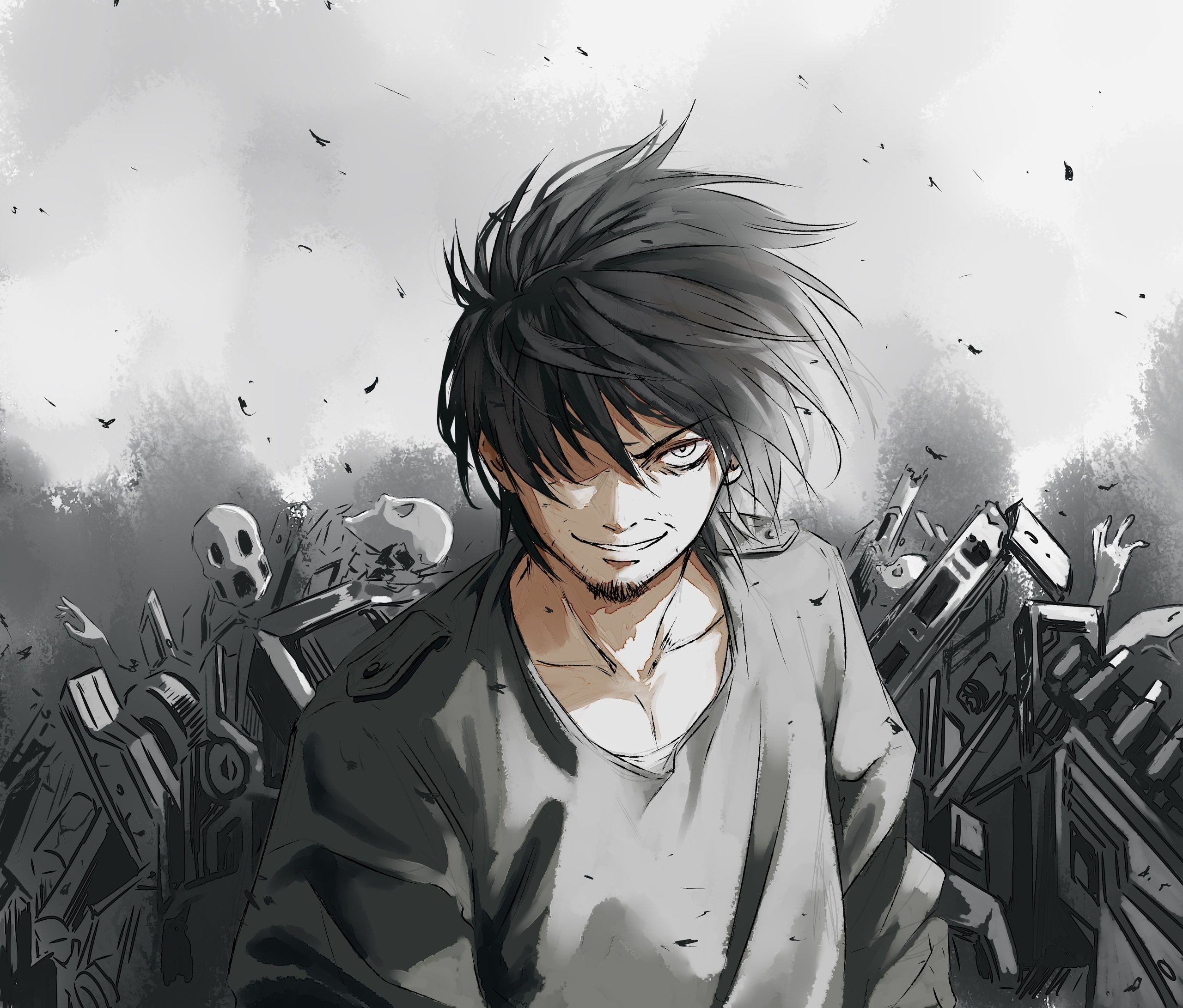 A dark-haired anime character with a mischievous grin, stands amidst a chaotic, monochrome backdrop of wreckage and spectral figures, possibly from a post-apocalyptic or supernatural anime series. His rugged attire and intense expression suggest he might be an anti-hero