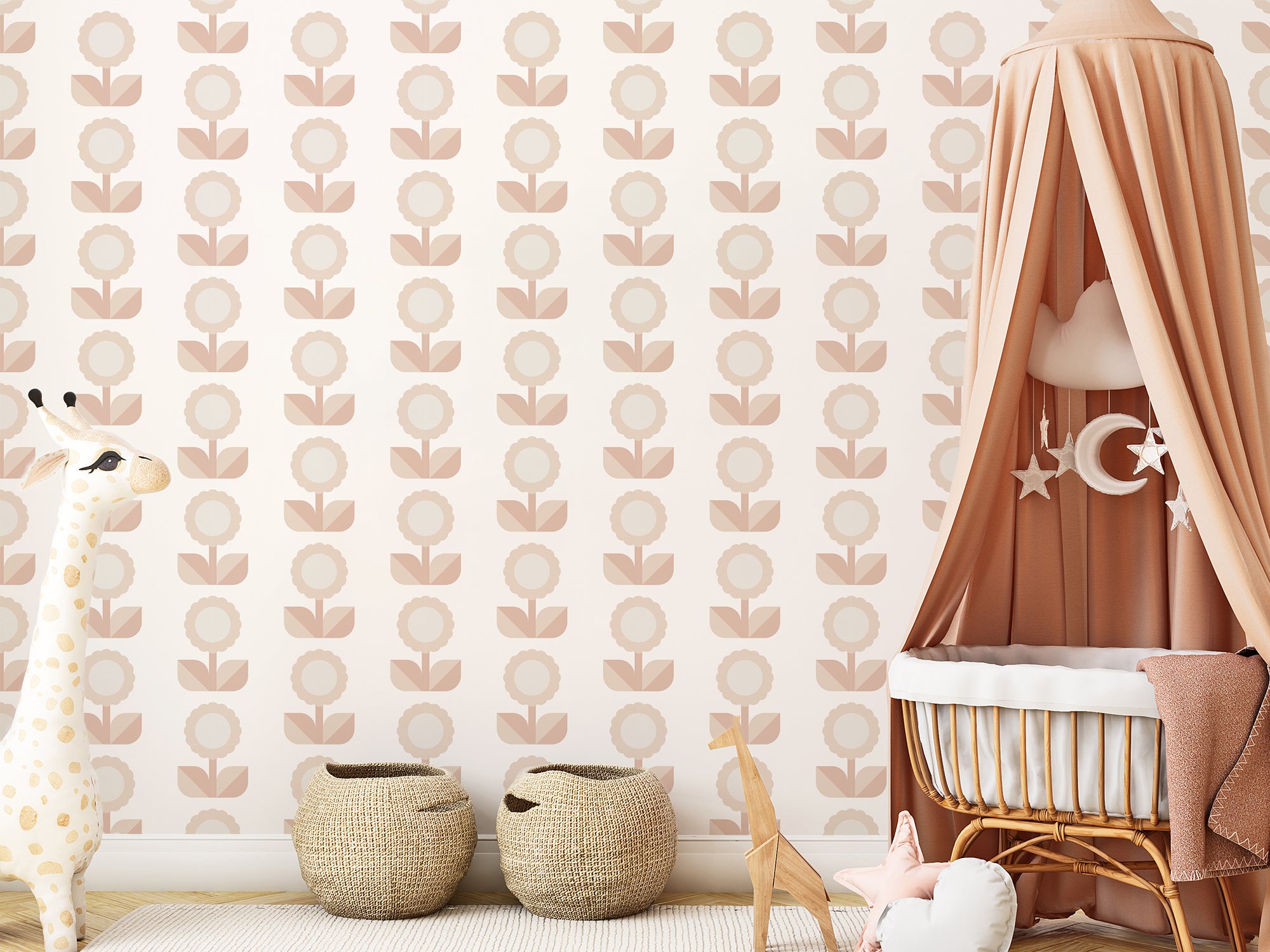 Peach Retro Geometric Vintage Flowers Wallpaper