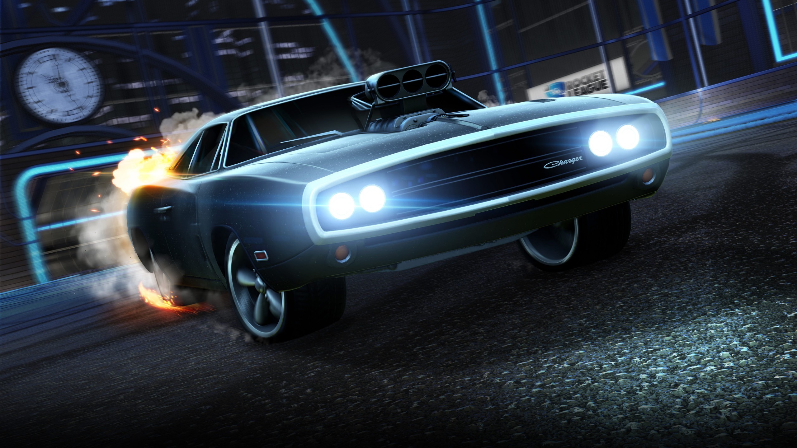 1970 Dodge Charger R/T from The Fast and the Furious speeding through a neon-lit Rocket League arena