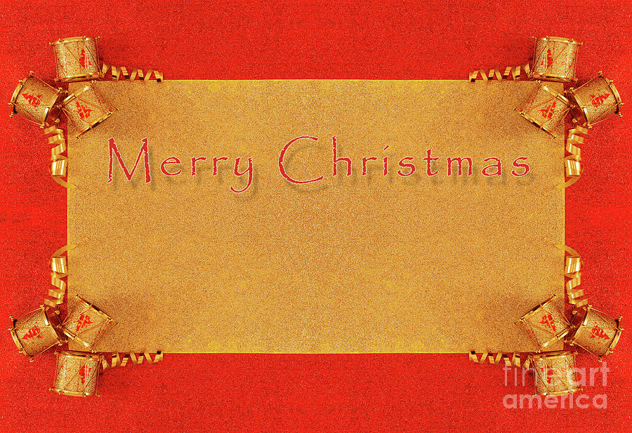 Golden Drums Christmas Frame Background In Flat Lay Photograph By