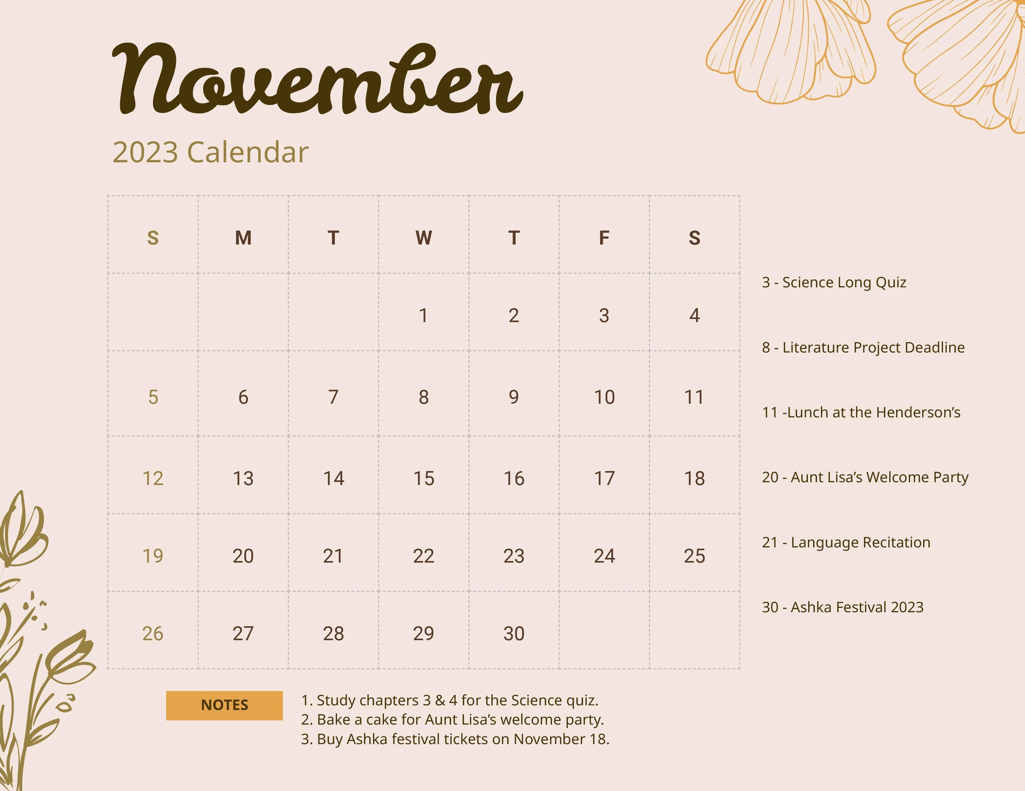 Floral November Calendar Template In Word Google