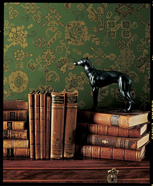 Books Against A Rich Gold On Green Wallpaper Ralph Lauren Home