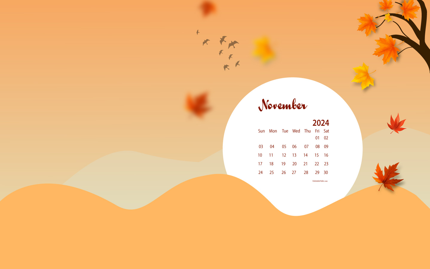 November 2024 calendar wallpaper with autumn leaves and birds