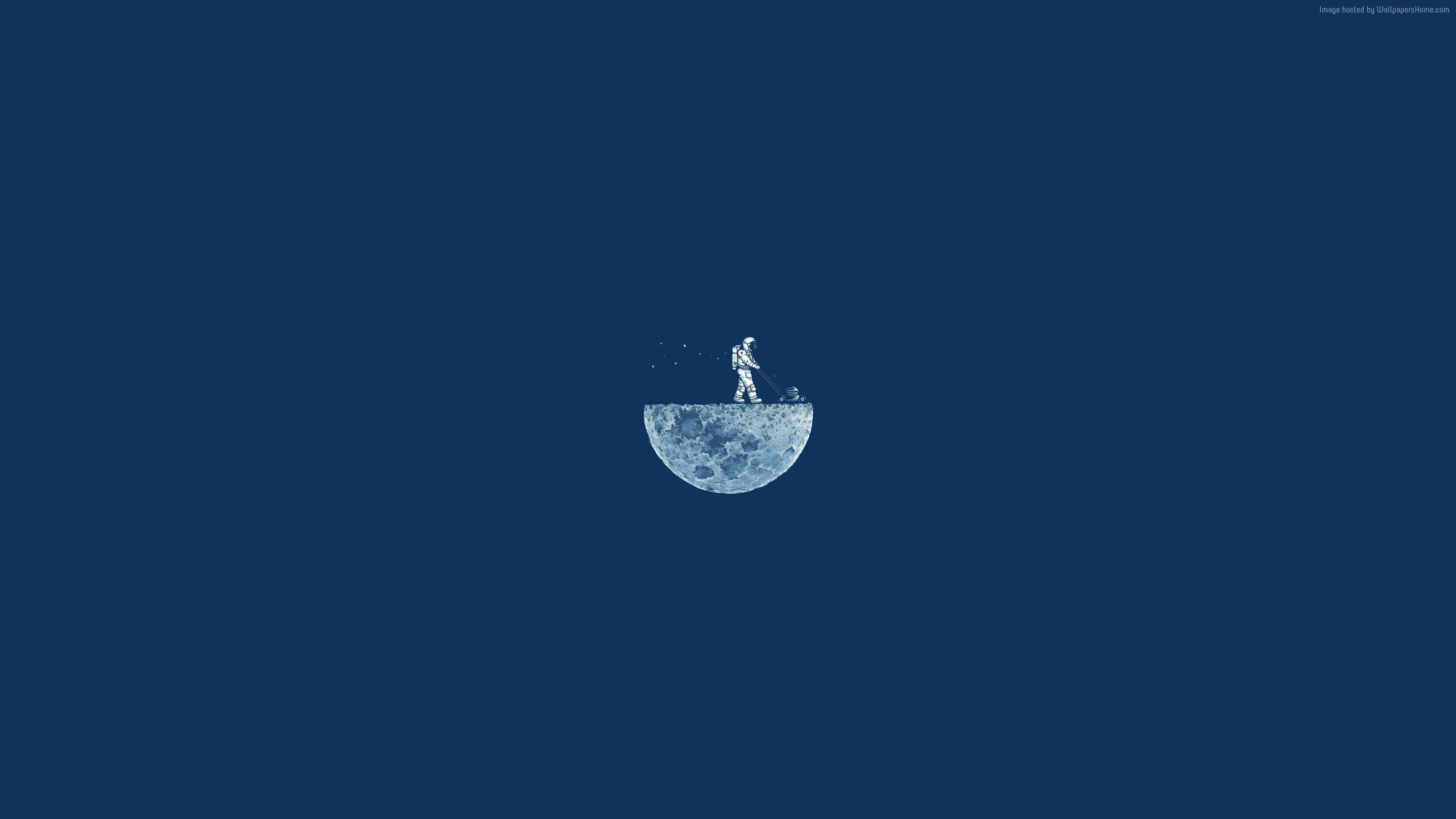 Minimalist 4k wallpaper featuring an astronaut mowing the surface of a crescent moon against a dark blue background