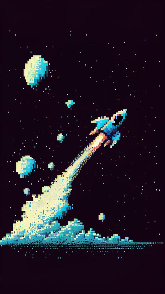 Pixel Art Style Rocket In The Space Wallpaper