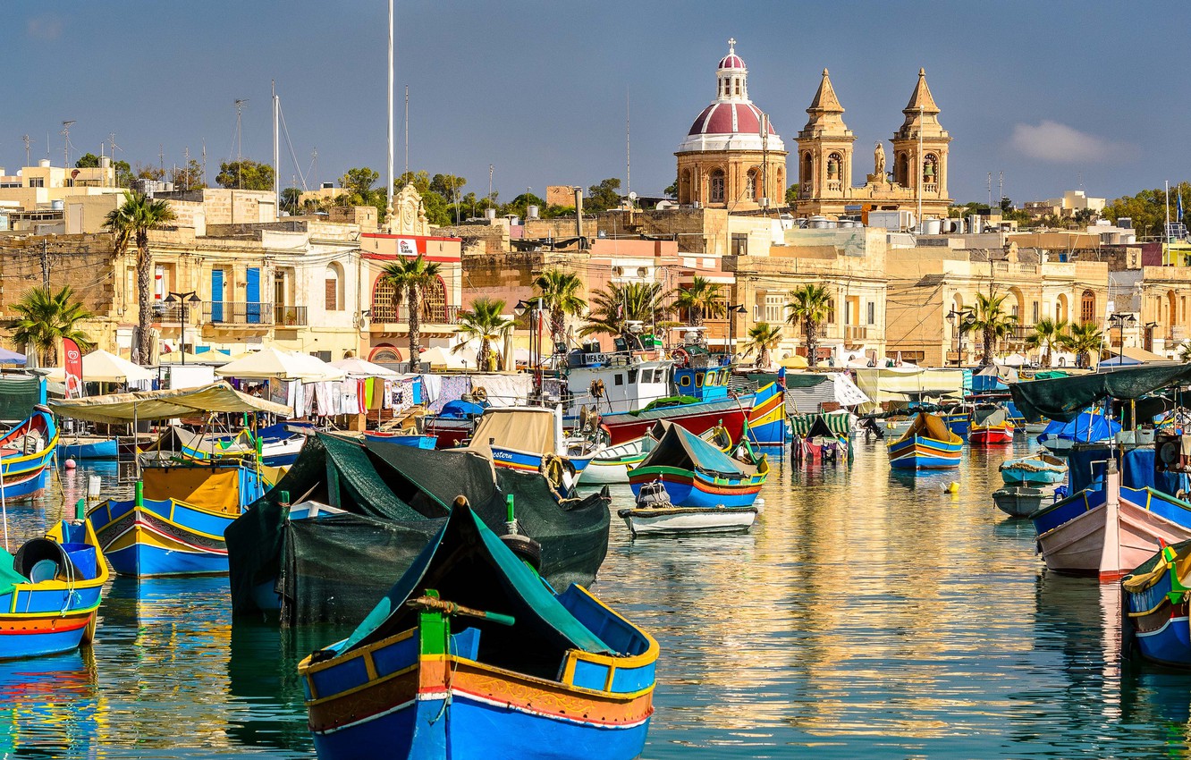 Wallpaper Building Boats Bay Malta Marsaxlokk