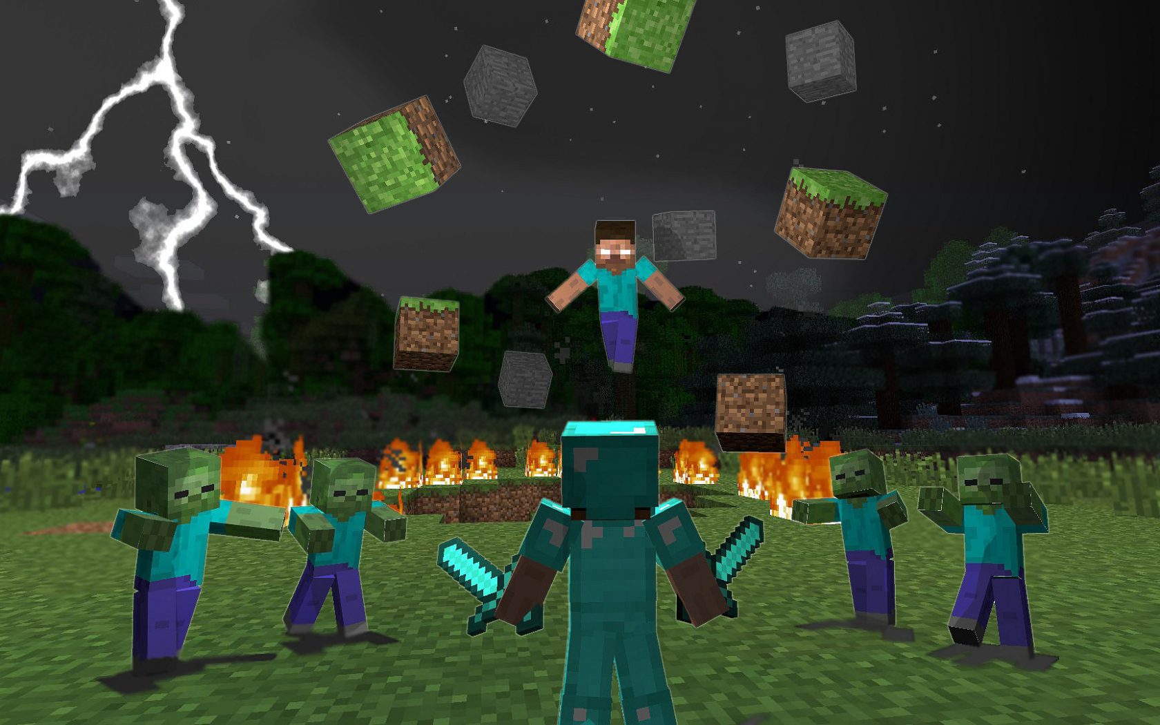 A Minecraft player in diamond armor faces off against a horde of zombies, with Steve floating above and blocks raining down, set against a dramatic lightning-filled night sky