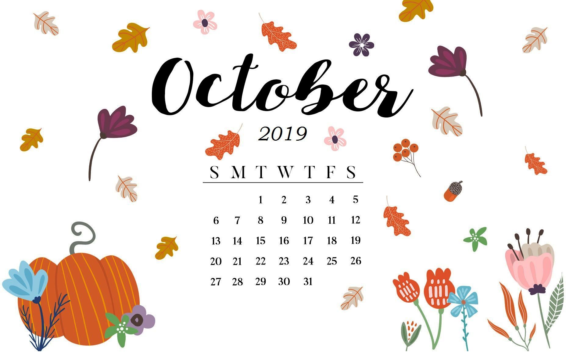 Cute October Calendar Pink Designs Floral Wall