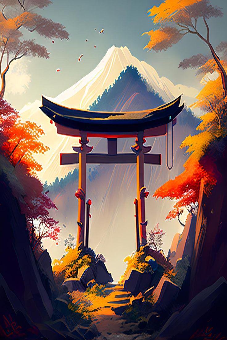 Japanese Torii In Autumn Mountain Anime Scenery