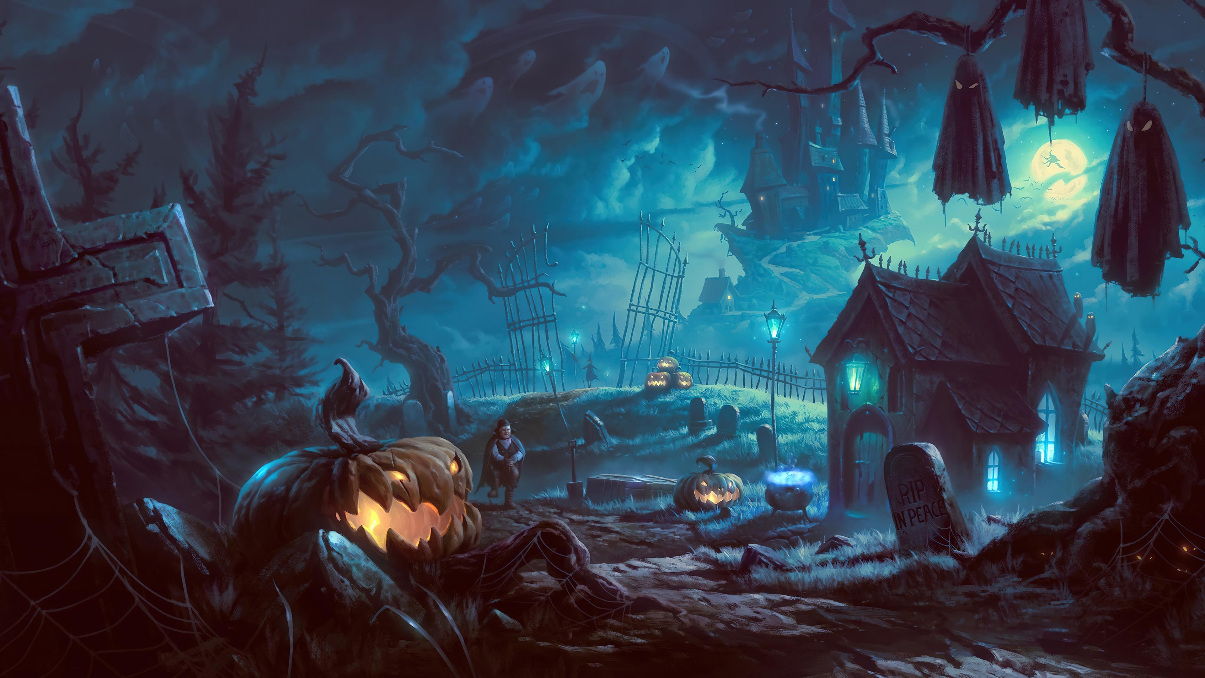 Halloween Graveyard Pumpkin Night 4k Wallpaper iPhone HD Phone 3650h