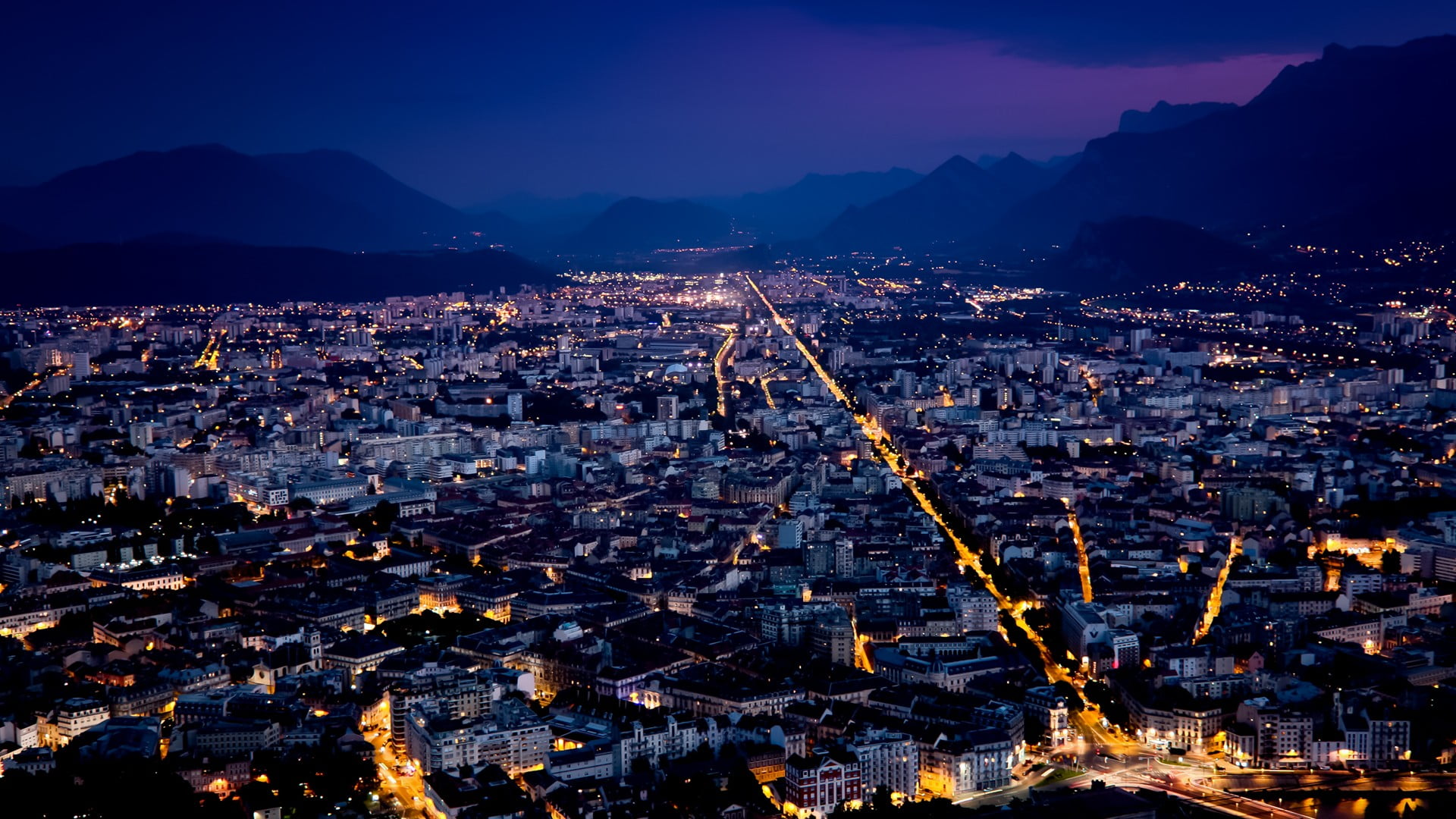 City Digital Wallpaper Cityscape Night Lights Grenoble HD