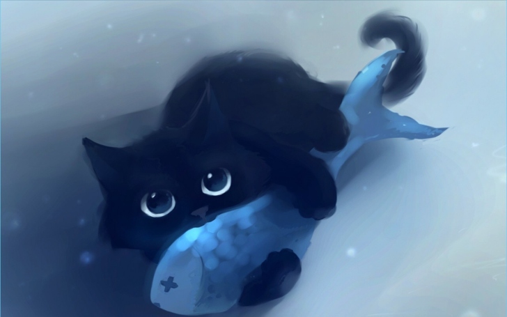 Black Cat Blue Fish Wallpaper For Android iPhone And iPad