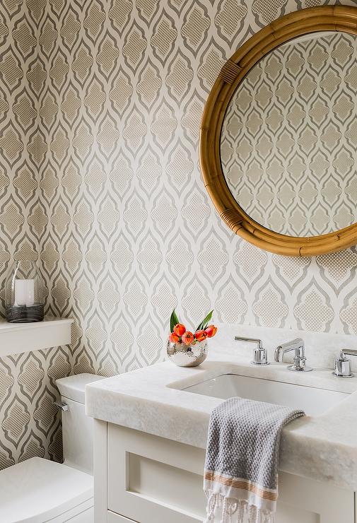 And Beautiful Bathroom Features Gray Moroccan Pattern Wallpaper