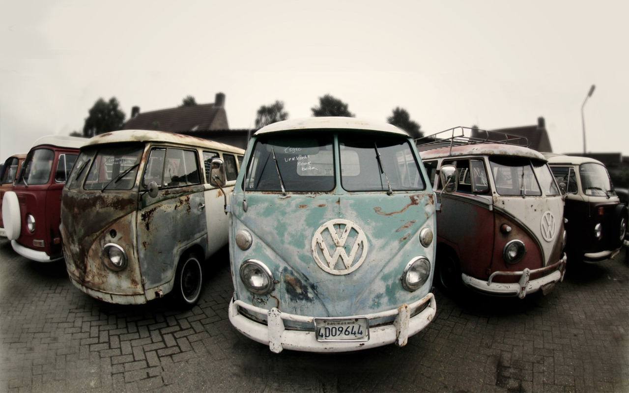   Cooled VW fish eye view of a sale yard for historic VW Kombi
