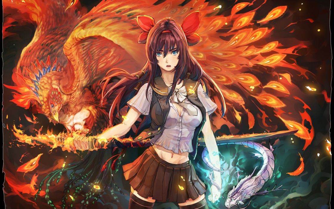 Anime Girl Fire Sword Animal Bird Phoenix Long Hair Wallpaper