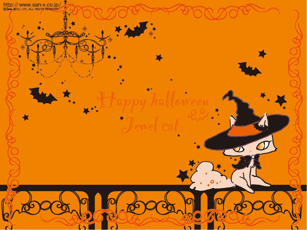Kawaii Halloween wallpaper featuring a cute white cat dressed as a witch, sitting on a decorative fence against an orange background with bats, stars, and a chandelier