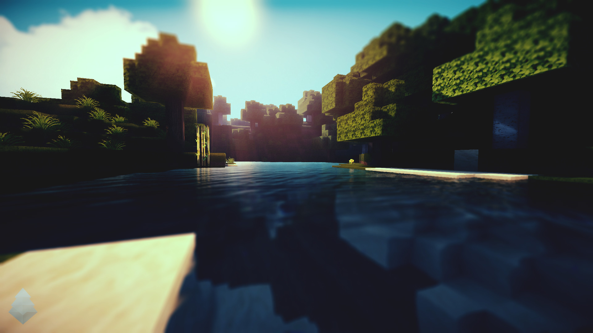 A pixelated Minecraft landscape with a river flowing through a forest at sunset