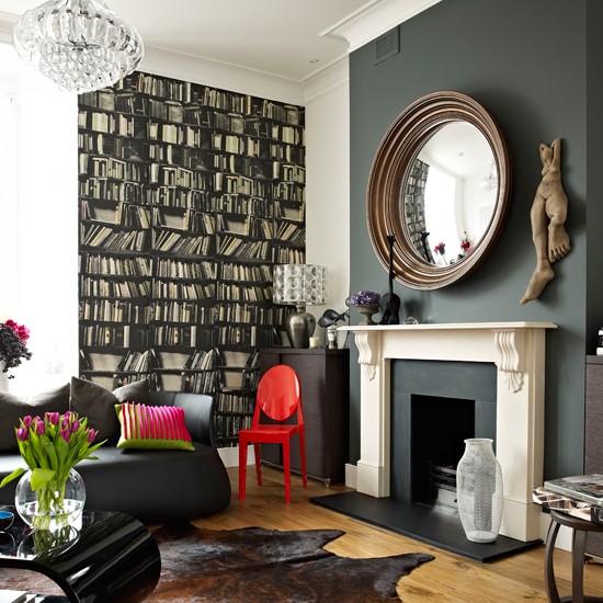 Dramatic Living Room With Library Themed Wallpaper Modern