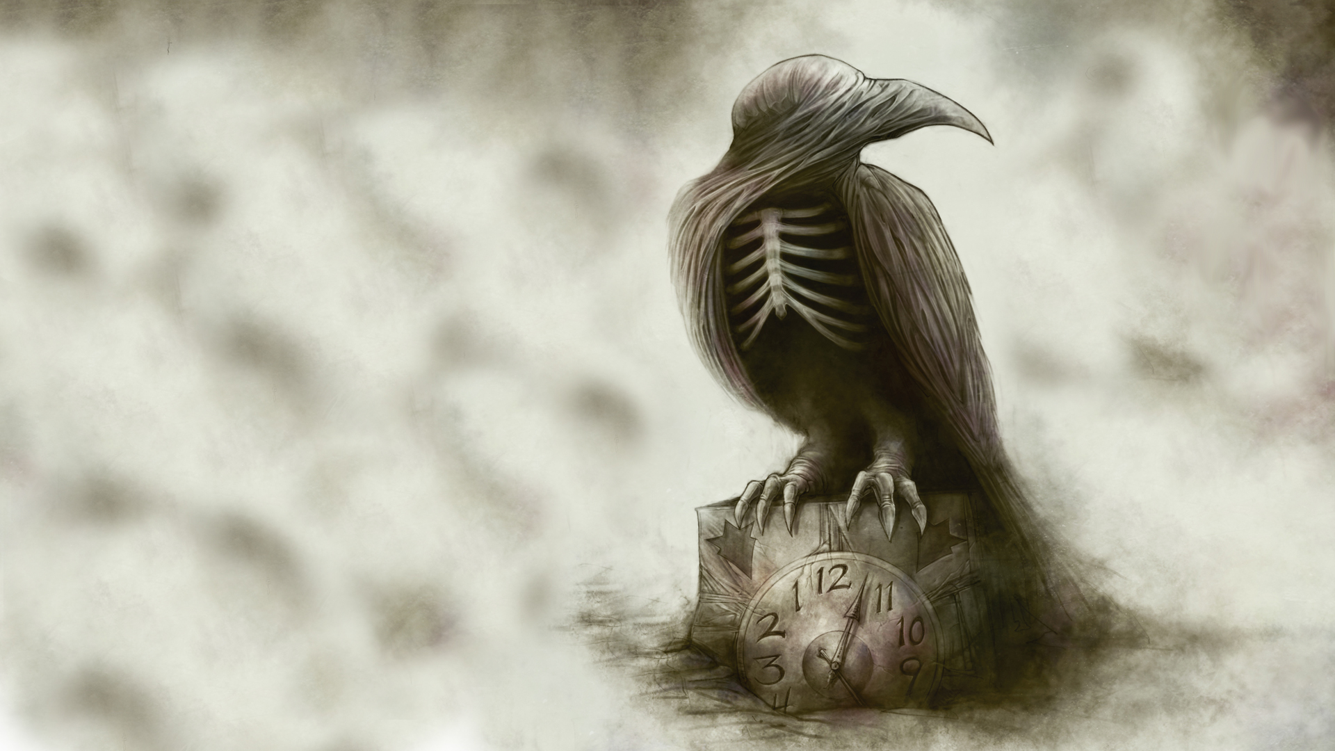 Bird Clock Drawing Abstract Creepy Skeleton poe raven gothic dark 1920x1080
