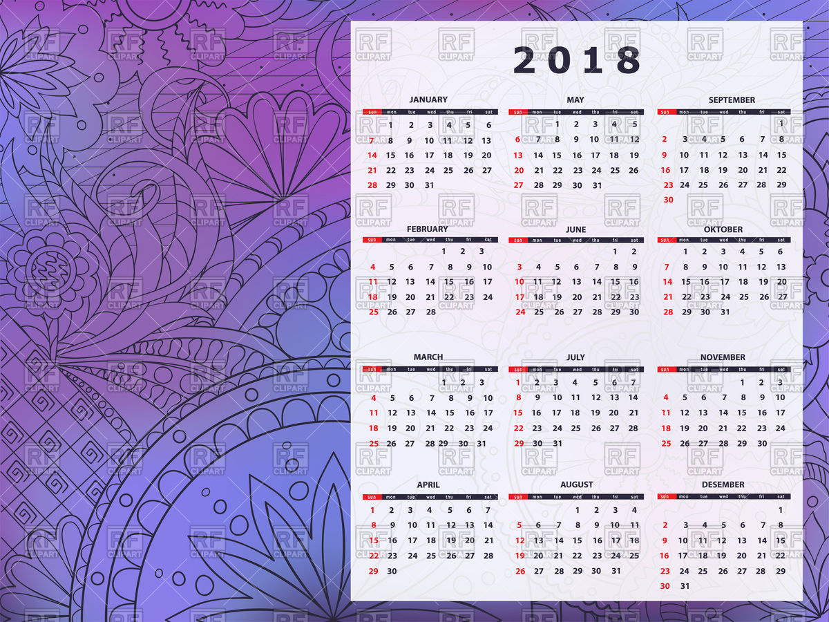 Calendar 2018 with abstract purple background Vector Image of