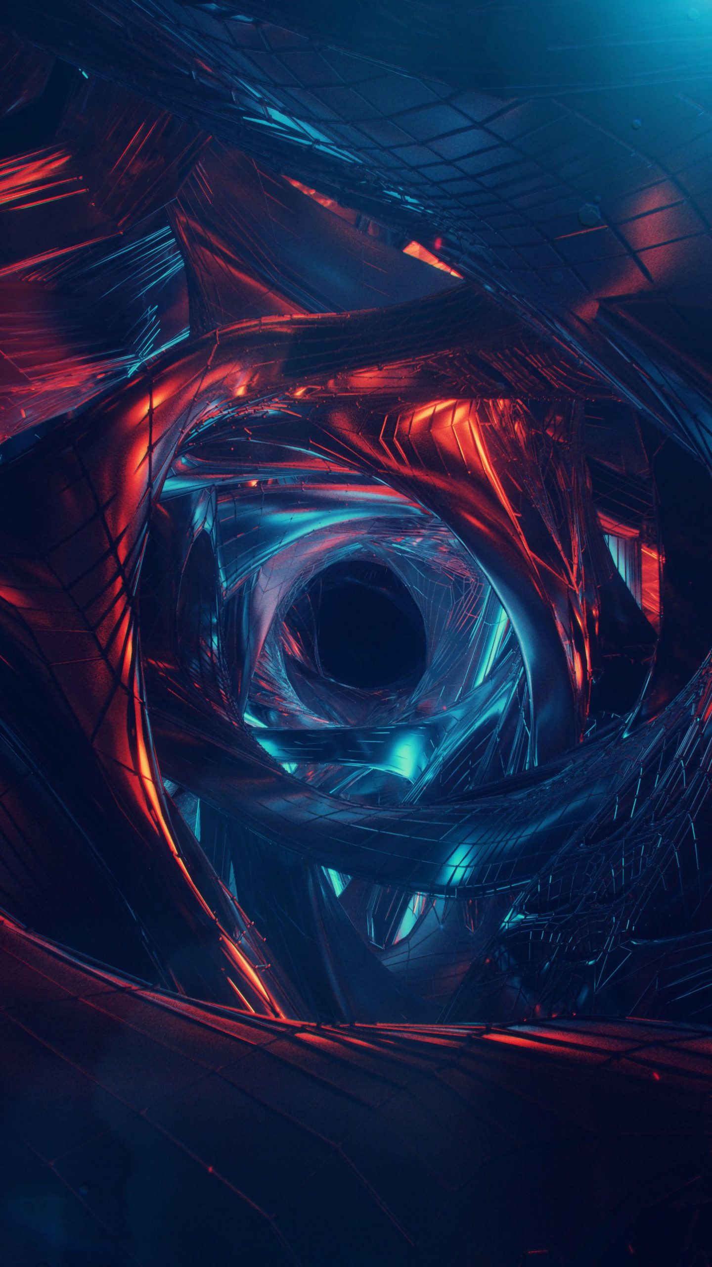 Abstract digital art wallpaper featuring a swirling vortex of dark metallic shapes, illuminated by vibrant red and blue neon lights, creating a futuristic and dynamic tunnel effect