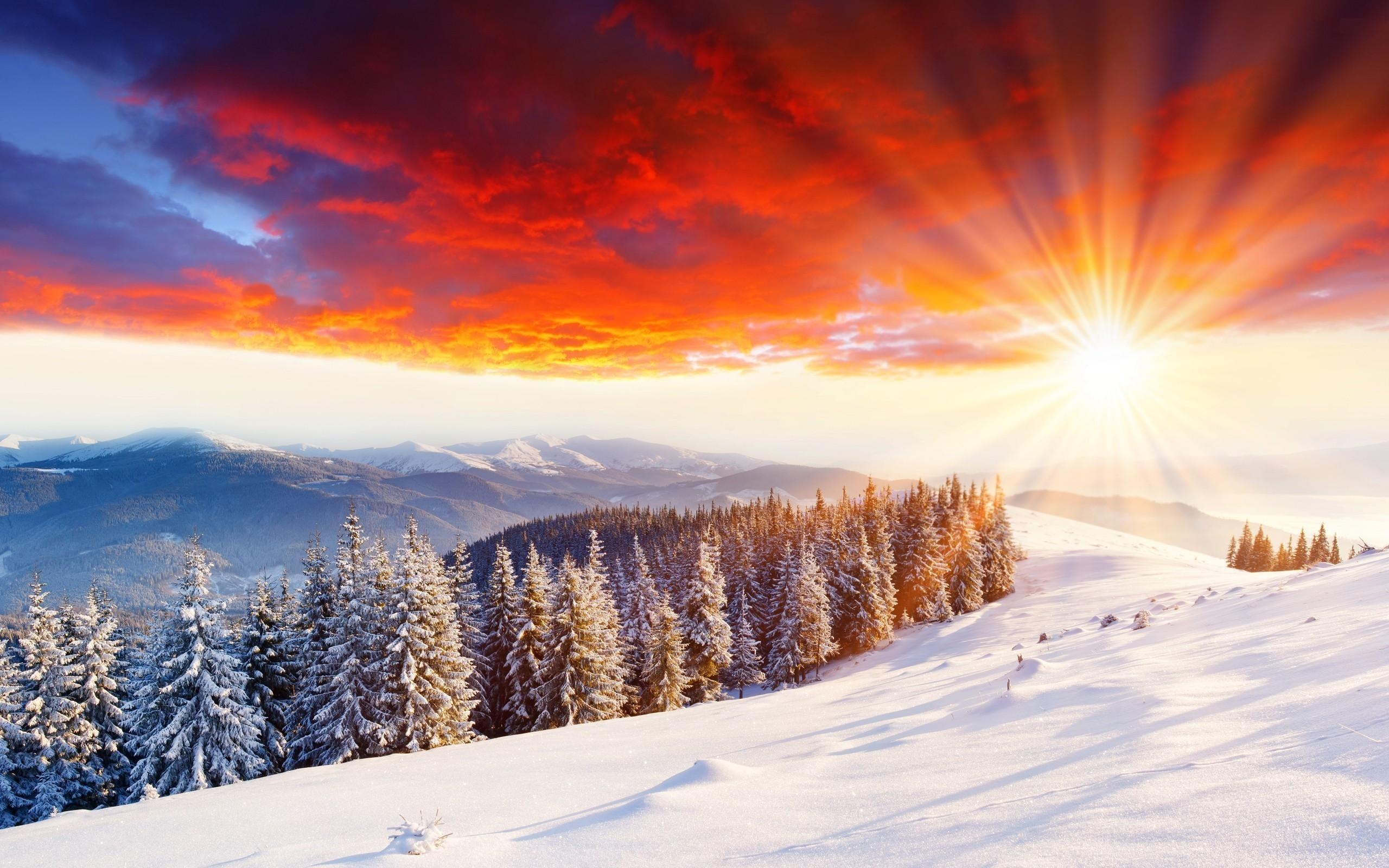 Wonderful Sunset On Snow Mountain Hill Wallpaper