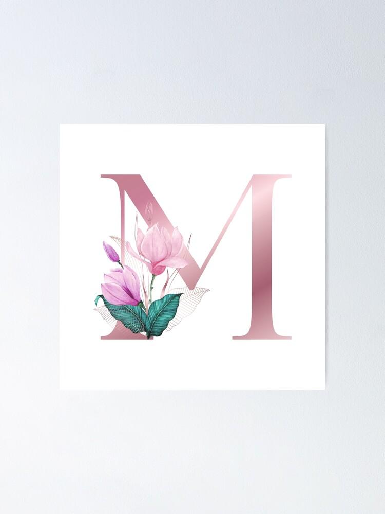 Pink Letter M With Abstract Tropical Flowers And Leaves Floral