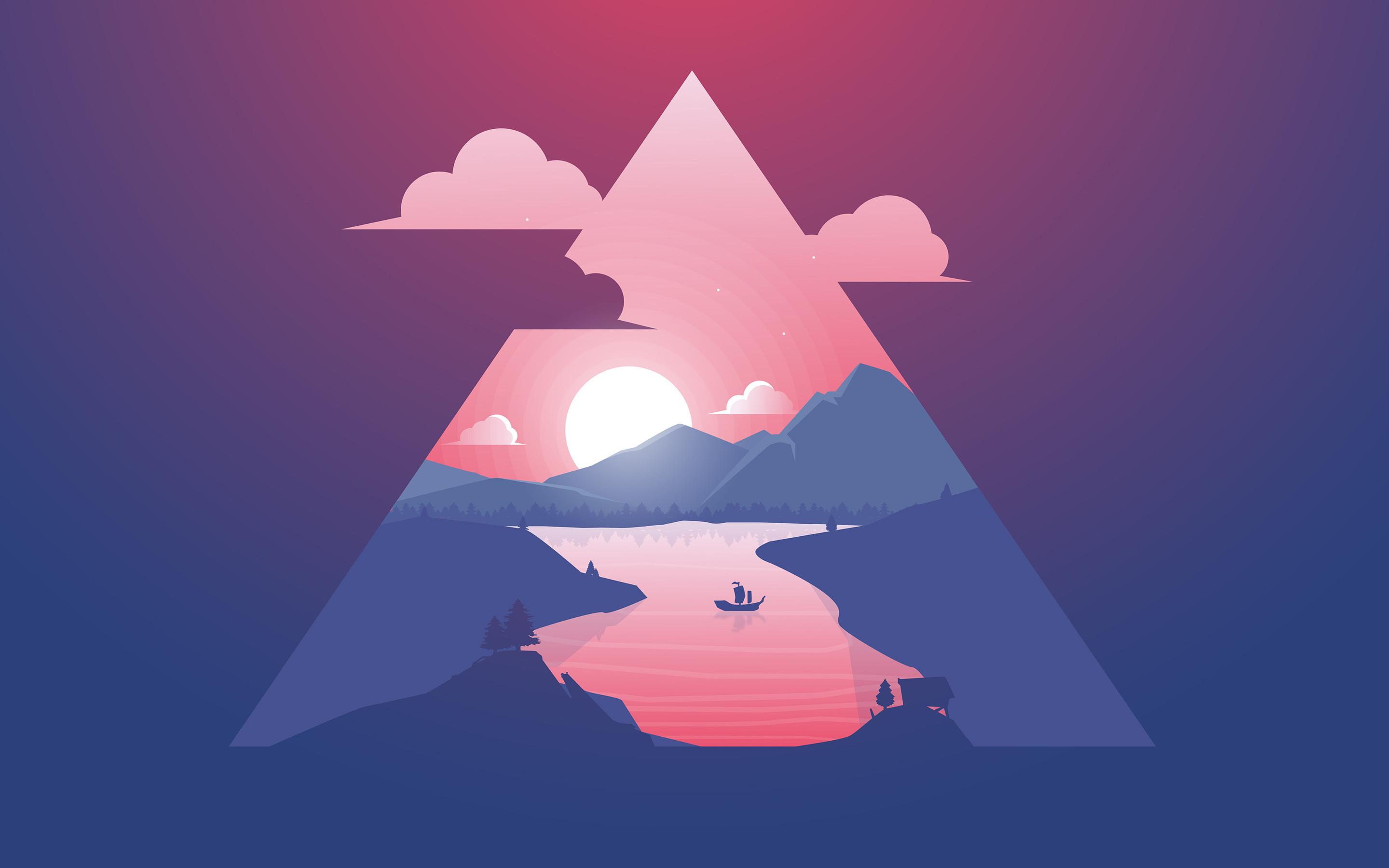 Minimalist illustration of a serene sunset landscape with a lake, mountains, and a boat, framed within a triangle