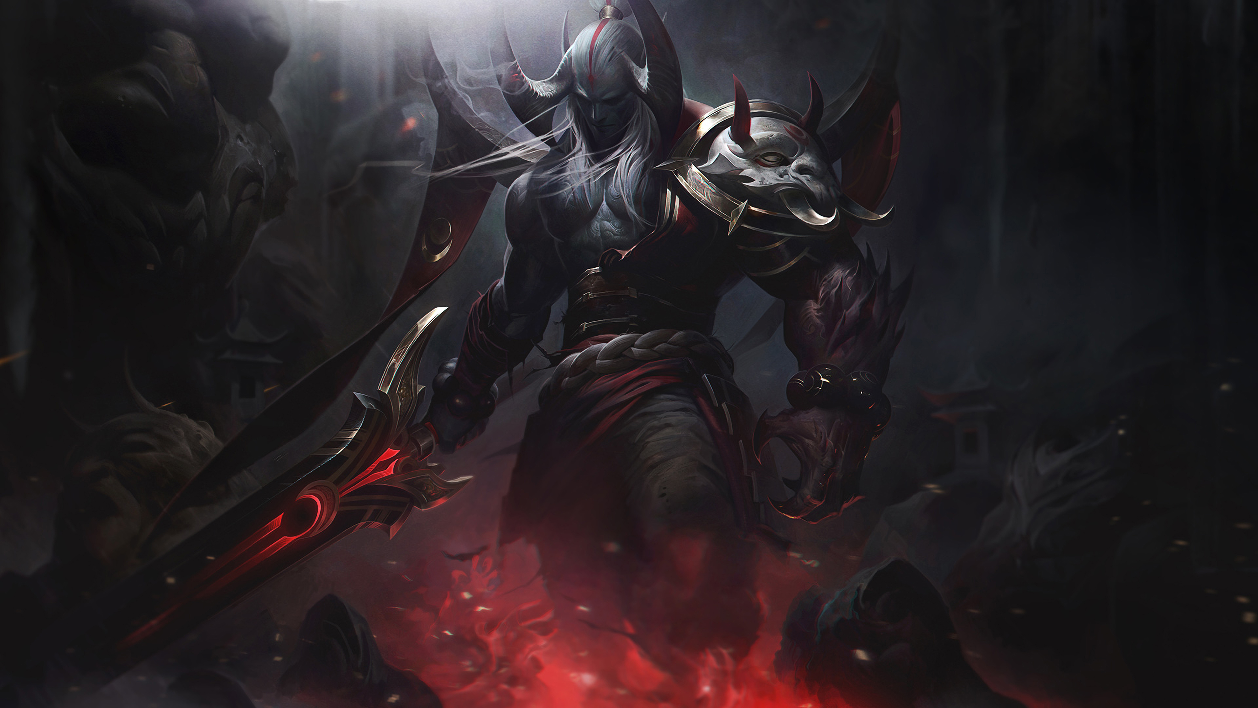 A dark and imposing figure from League of Legends, wielding a large, glowing sword, stands amidst a fiery backdrop