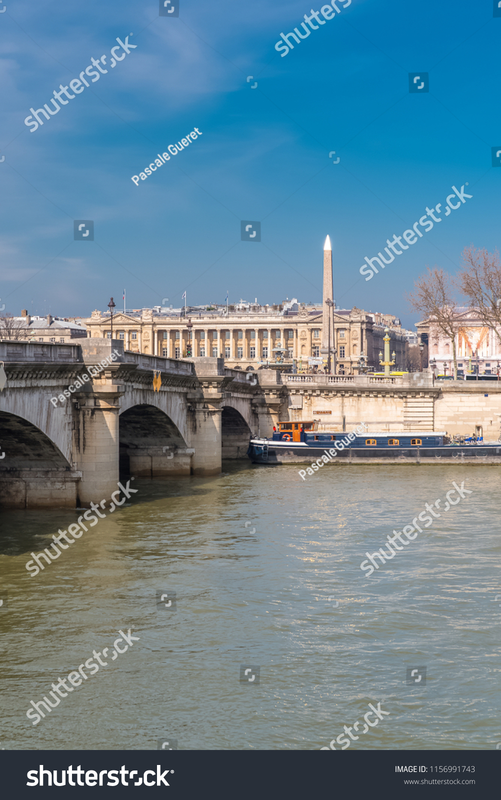 Paris Concorde Bridge Obelisk Background Houseboats Stock Photo