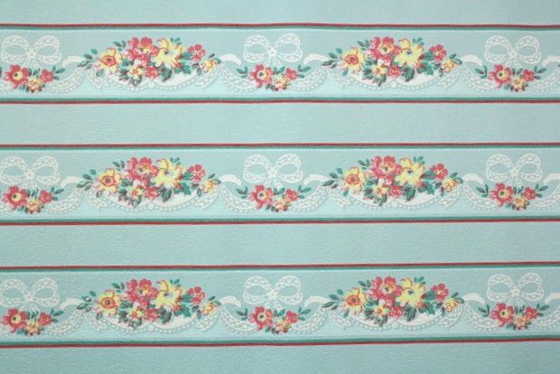  Vintage Wallpaper Border   Red Pink Yellow Flowers on Blue Swag