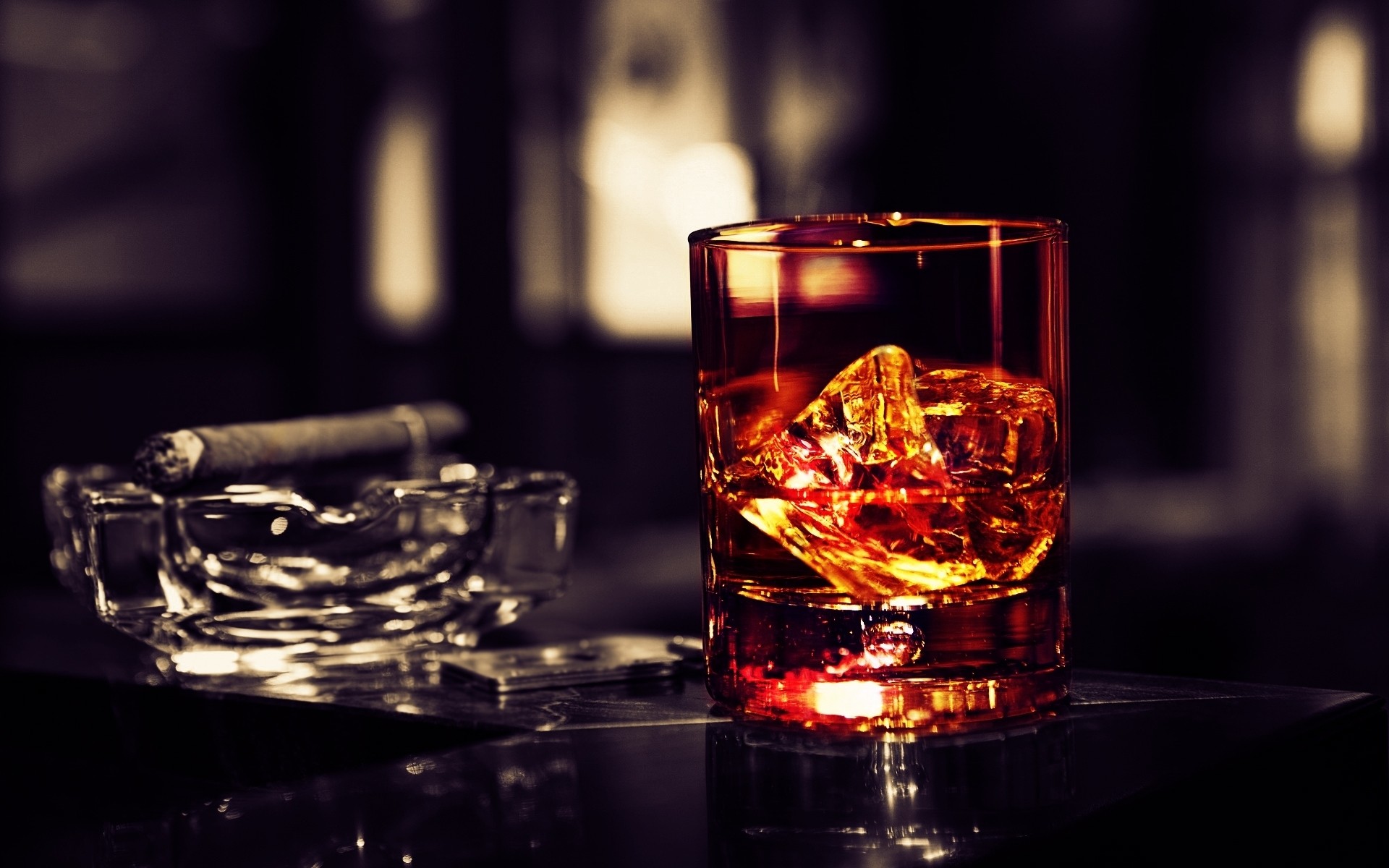 Whiskey Wine Selective Coloring Cigars Ice Cubes Wallpaper Background