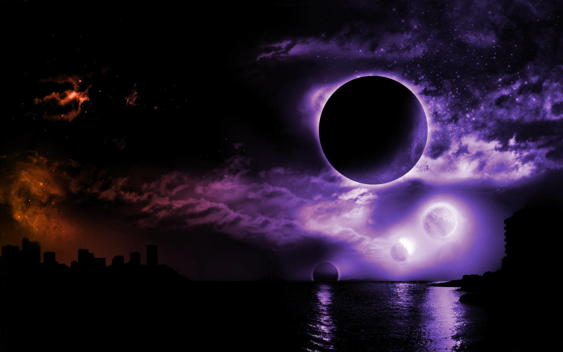 A dark, anime-style cityscape silhouette against a backdrop of a purple and orange nebula sky with several large, dark planets and a body of water in the foreground